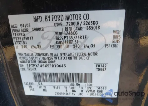 2005 Ford F-150 Fx4/Lariat/Xl/Xlt из США, поврежденный, VIN 1FTPX145X5FB10645